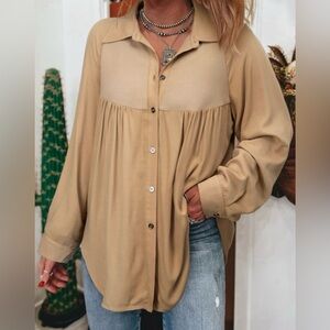 Women's Tan Button-Up Blouse